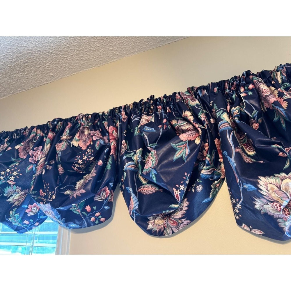 Vintage Navy Blue Floral Chintz 9 Piece‎ Curtain & Balloon Valance Set Lined 80s - Picture 3 of 12